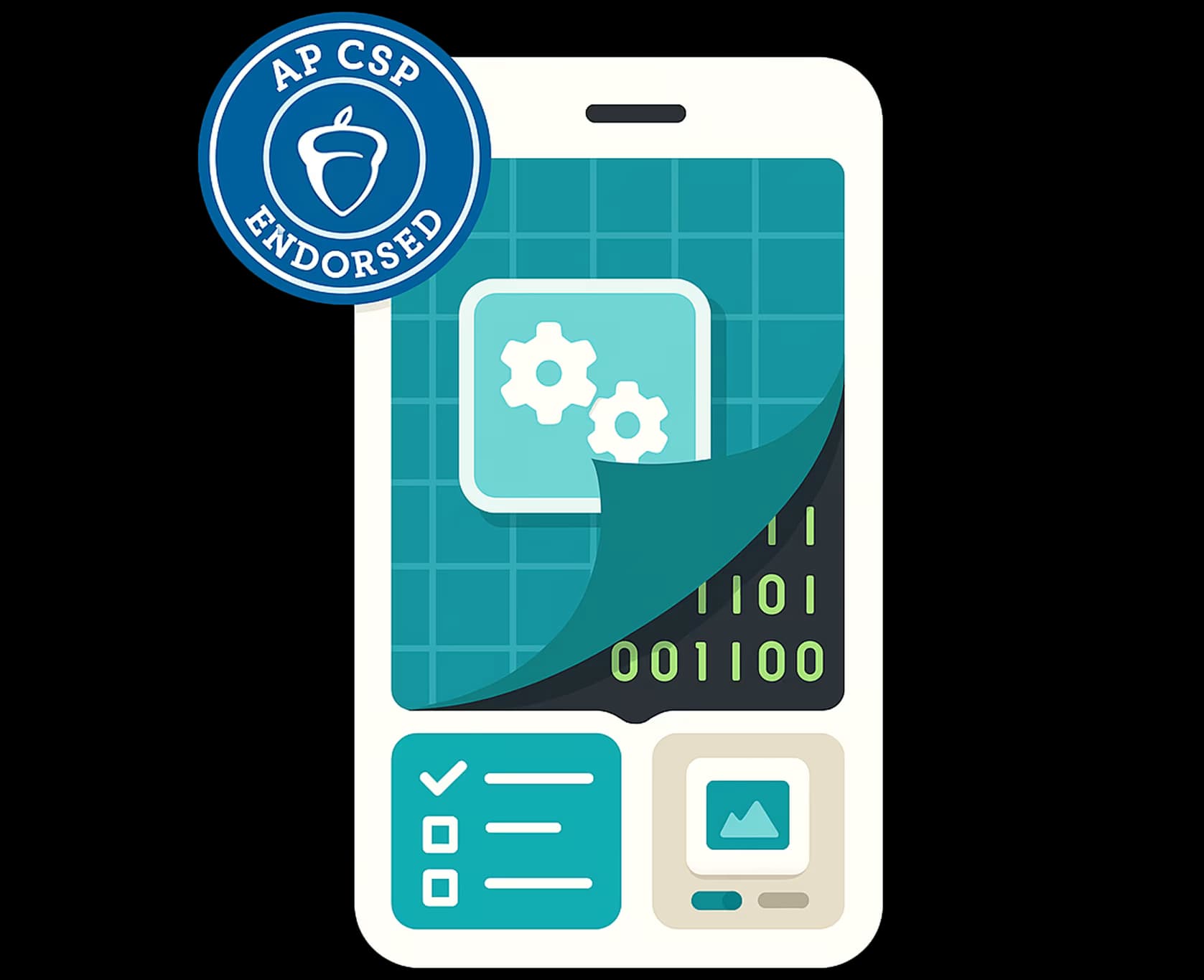 Phone with the screen lifting to reveal binary code underneath and an AP endorsement seal.