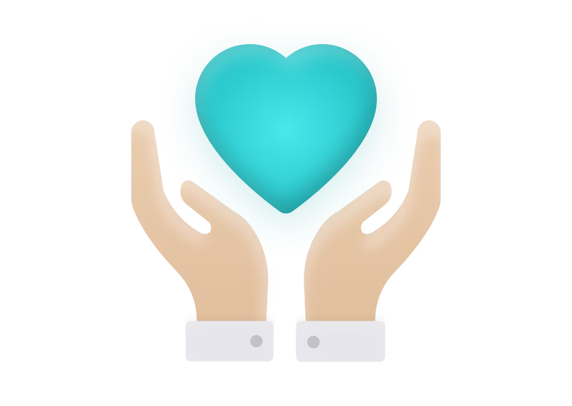 A teal heart floating above open hands. 